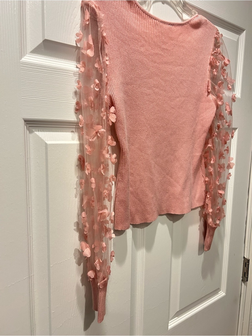 No Boundaries Pink Ribbed Top Sheer Floral Petal Sleeves Romantic Cottagecore - Picture 4 of 7
